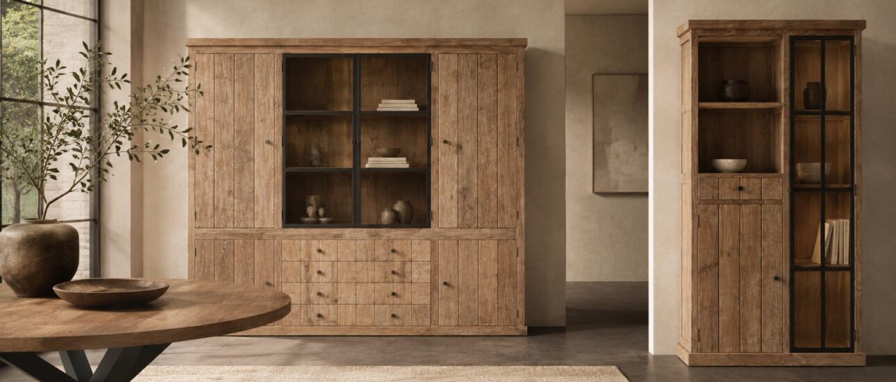 lee&lewis Lin collectie Lee & Lewis LIN collectie met houten teak buffetkast en vitrinekast in landelijk interieur